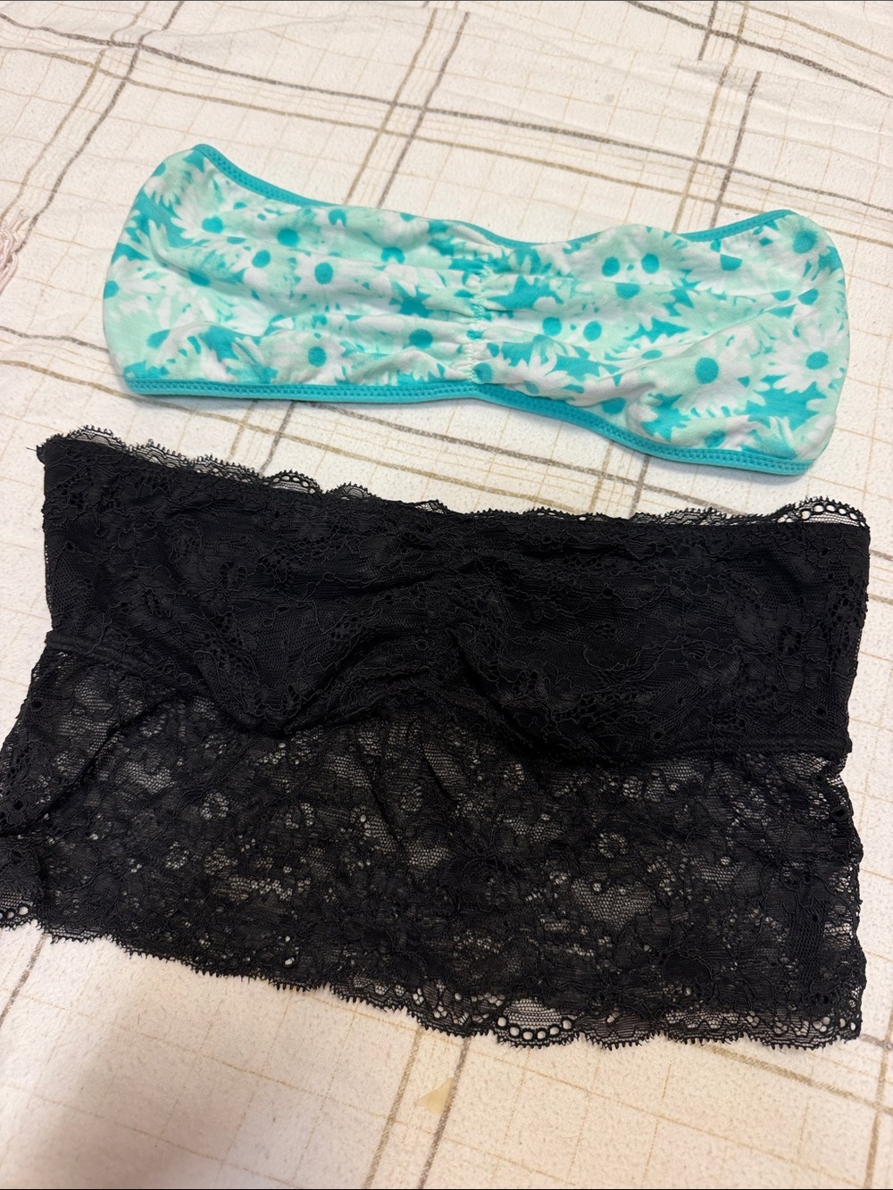 Black Lace Bandeau & Teal Floral Strapless Bra Set